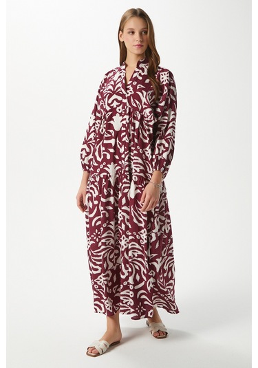 Prive Kadın Showy Bordo %100 Viskon Maksi Boy Elbise Bordo - Krem