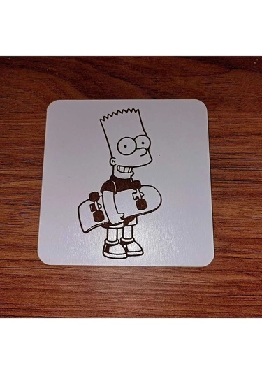 Lavanta Tasarım Bart Simpson Kaykay Ahşap Bardak Altlığı Beyaz