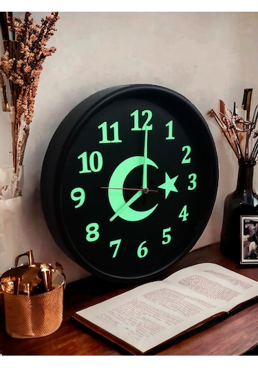 Fosforlu Gece Görünen Ayyıldız Duvar Saati Çap 28 Cm Cam Yok Siyah
