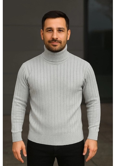 Erkek Balıkcı Yaka Bağazlı Triko Kazak Pamuklu Kalın Fitilli Dokuma, Regular Fit Uzun Kollu Kışlık Model - Gri Gri