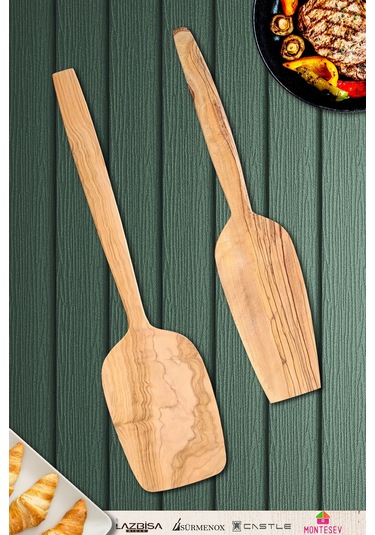 Zeytin Ağacı Ahşap Tahta Kaşık Spatula Seti 2 Parça Zeytin Ağacı Ağaç Kaşık Ynzyt-901 Kahverengi