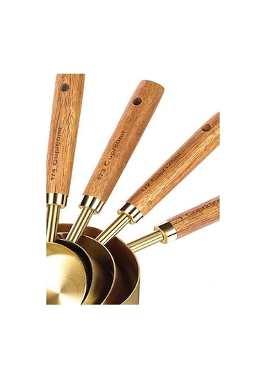 Qerhome 4'lü Ahşap Saplı Gold Lüks Ölçü Kaşığı - Ölçü Kabı Altın