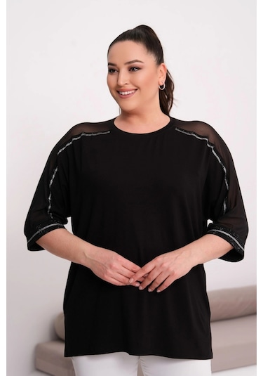 Aytemas Kolları Şifon Detaylı Taş Baskılı Bluz Siyah