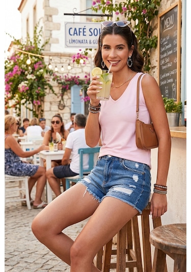 Lela Kalın Askılı V Yaka Bayan Bluz 5864384 Toz Pembe