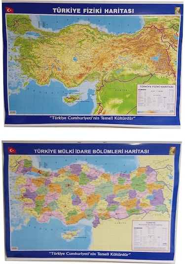 Türkiye Haritası Çift Taraflı Fiziki ve Siyasi 70X100