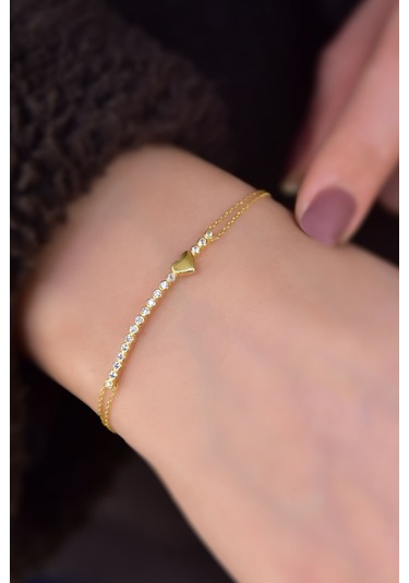 925 Ayar Gümüş Gold Kaplama Sıralı Zirkon Tektaş , Kalp Bileklik