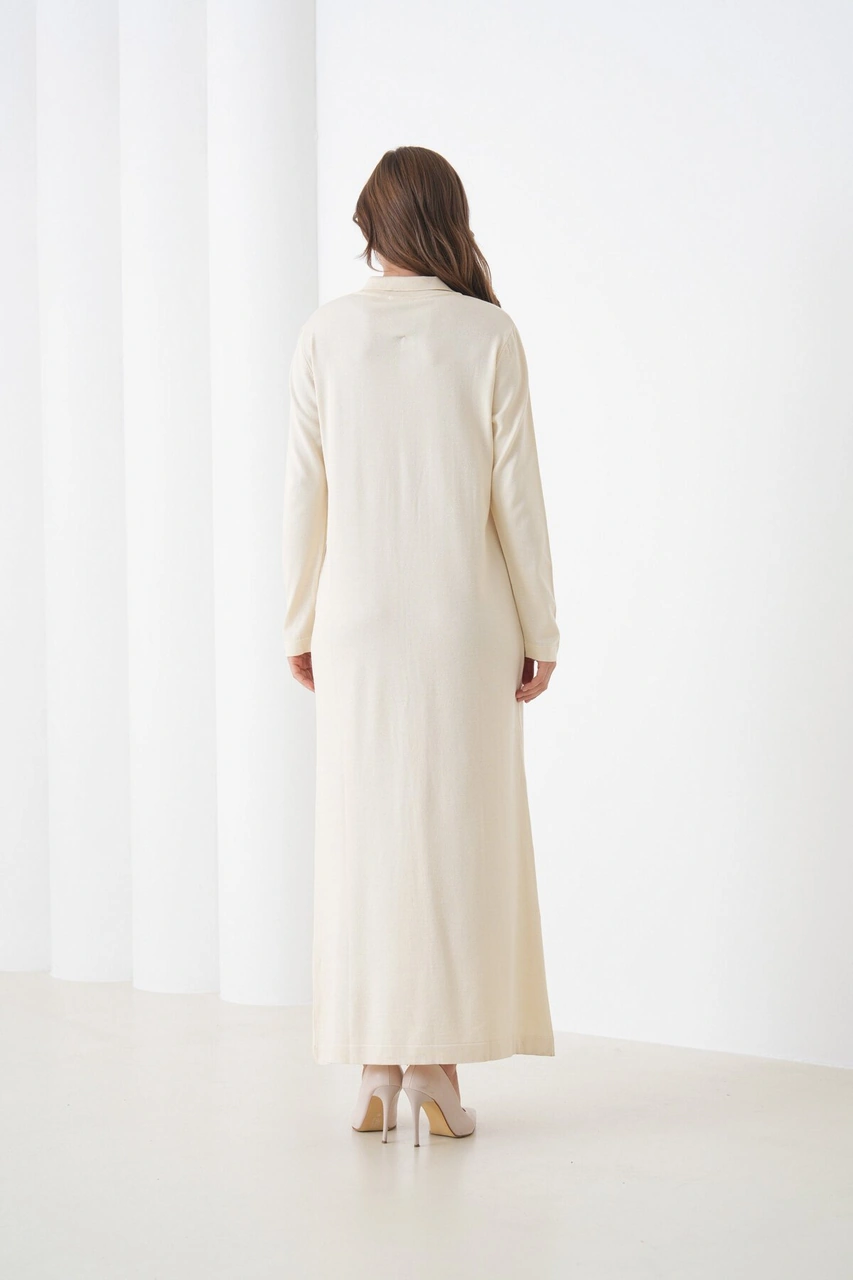 Kadın Uzun Kol Gömlek Yaka Triko Önden Düğmeli Triko Spor Şık Elbise Bej