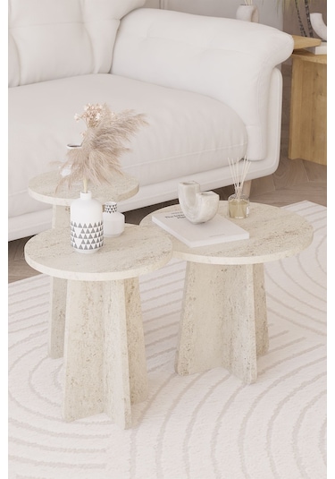 Obi Atölye Traverten Mantar İskandinav Stili Zigon Sehpa 3'lü