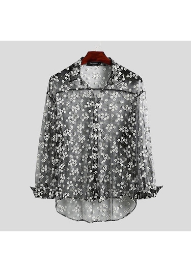 İncerun Erkek Club Party Perspektif Gömlek Yaz Uzun Kollu Fileli Transparan Gömlek Siyah