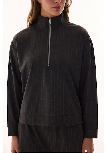 Penti Antrasit Fermuarlı Çizgili Sweatshirt