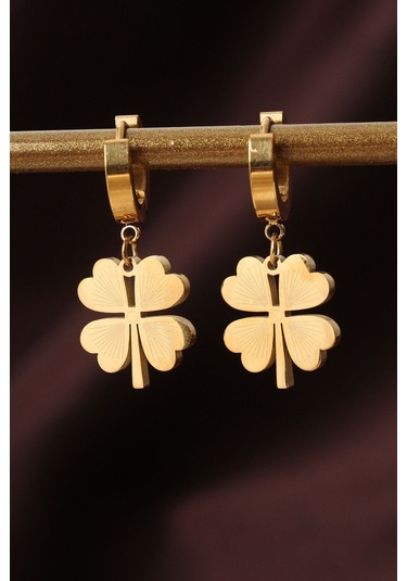 316l Çelik Gold Renk Yonca Küpe Altın