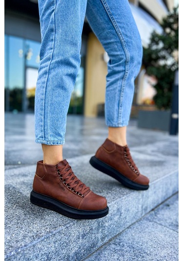 Pabucmarketi Bağcıklı Kadın Sneaker Bot Taba Taba