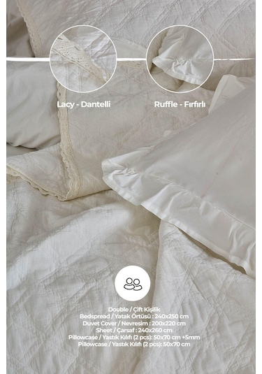 Evlen Home %100 Pamuk Çift Kişilik Özel Taş Yıkama Nevresimli Yatak Örtüsü Seti 7 Parça Yumuşak Barbara Beyaz