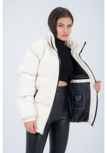 Kadın Reglan Kol Dik Yaka Age Of State Baskılı Mont Ekru