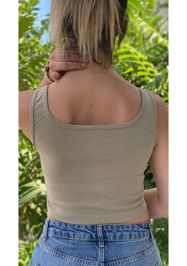 Afri Kadın Haki Basic Ribana Atlet Crop Likralı Spor Üst Haki