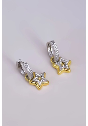 925 Ayar Gümüş Gold-rodyum Kaplama Zirkon Taşlı Tasarım Yıldız Halka Küpe