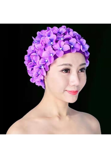 Kadınlar İçin Çiçek Yapraklı Vintage Yüzme Bonesi, Mor Renk Mor