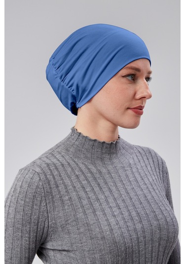 Kadın Tesettür Hazır Pratik Geçmeli Bone Lastikli Kaymaz Kot Rengi Açık Kot