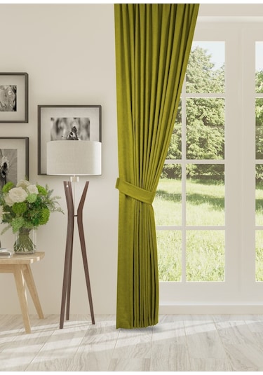 Cheap's Home Petek Dokulu Kadife Dokuma Düz Dikiş Ekstrafor Büzgü Fon Perde Yağ Yeşili