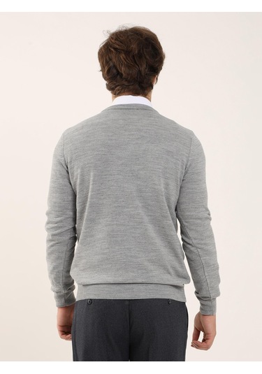 Dufy Gri Melanj Erkek Slim Fit V Yaka Triko - 91132 Gri Melanj