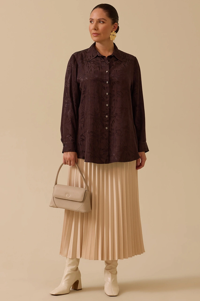 Galaxi Kadın Büyük Beden Çiçek Desenli Jakar Gömlek 4018 Kahverengi Kahverengi