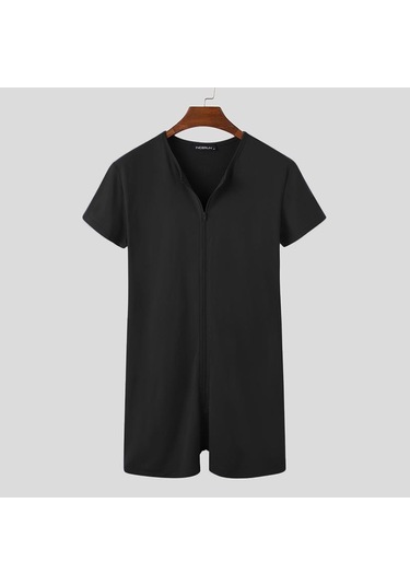 İncerun Yaz Erkek Ev Giyim Tulum Kısa Kollu Fermuarlı Pijama Pijama Siyah