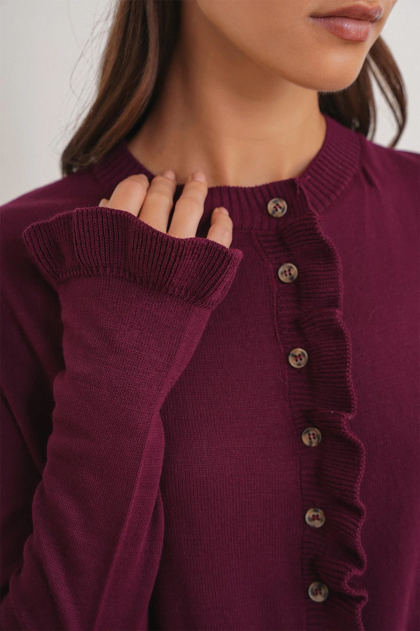 6964 Kadın Düz Fırfırlı Düğmeli Hırka Bordo Bordo