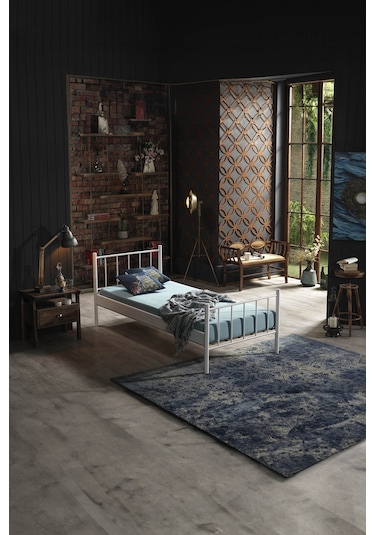 Falez Tek Kişilik Ferforje Metal Karyola-beyaz Ahşap Latalı