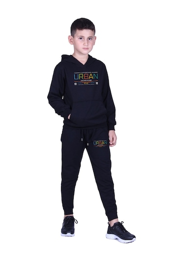 Kapüşonlu Kanguru Cepli Urban Yazı Baskılı Erkek Çocuk Eşofman Takımı Siyah