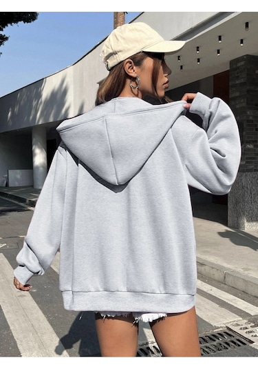 Hope Fermuarlı Hırka Sweatshirt - Gri Baskılı Oversize Kışlık Kalın Kapüşonlu Gri