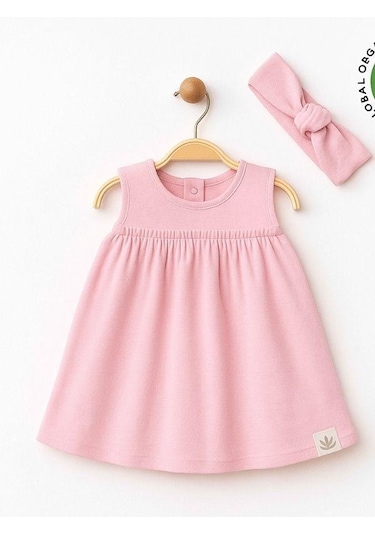 Zekids Kız Bebek Organik Pamuklu Bandanalı Kolsuz Elbise-15906 Pembe