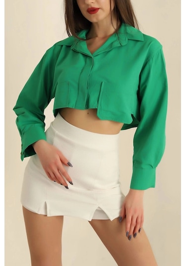 Defymoda Poplin Crop Gömlek Yeşil S3060 Yeşil