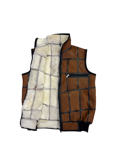 Içi Kürk-Dışı Süet Gerçek Deri Yakalı Ve Trikolu Yelek Tarçın