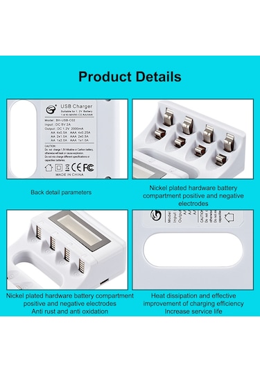 Neevoyu Beyaz 4-hücreli Ni-mh Pil Şarj Cihazı, Aa/aaa Pil Desteği, Usb 2a Hızlı Şarj, Lcd Ekranlı