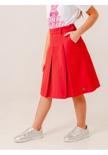 Kız Çocuk Gabardin Pileli Keten Etek 2958 Kırmızı