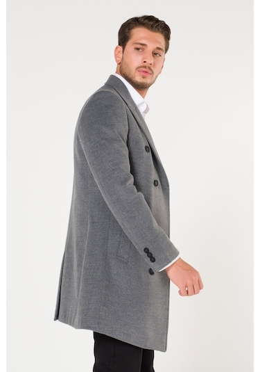 Erkek Kruvaze Düz Gri Kışlık Slim Fit Kaşe Kaban-Gri