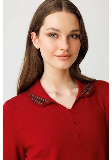 Desen Triko Kadın Polo Yaka Likralı Bluz 25091 K.kırmızı K.kırmızı