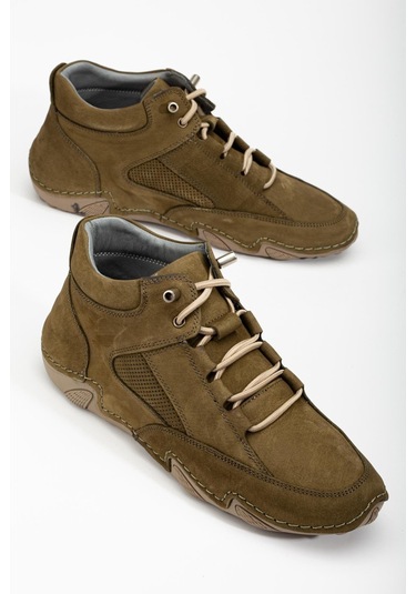 Hakiki Deri Nubuk Erkek Bot Haki Elastik Bağcıklı Saraçlı Taban-3486 Haki