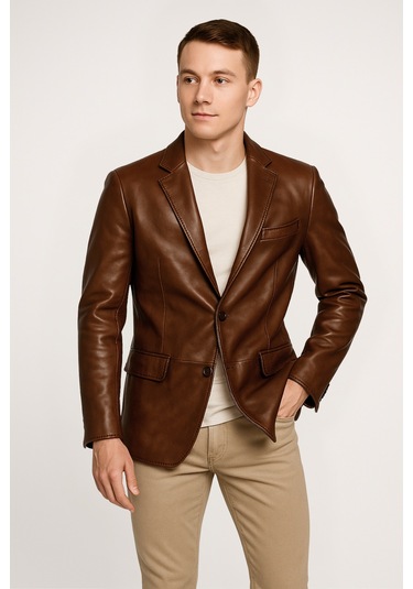 Derije Diego Hakiki Deri Punto Dikişli Erkek Blazer Ceket
