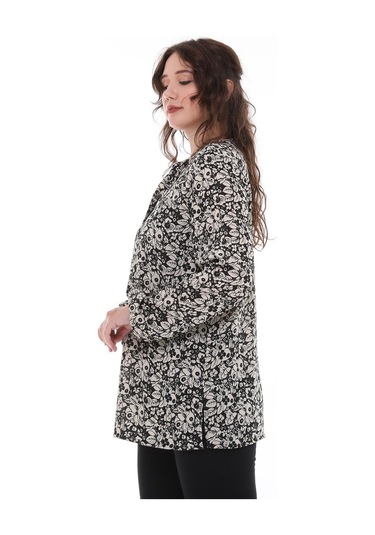 Çiçek Desenli Önden Bağcıklı Bluz-440-siyah - Beyaz