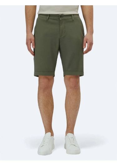 Kip Haki Düz Dokuma Slim Fit Casual Pamuk Karışımlı Bermuda Haki