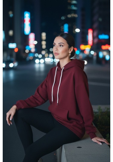 Bordo Şardonlu Kapüşonlu Sweatshirt Bordo