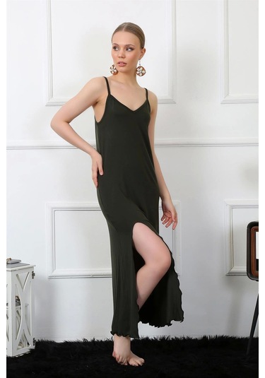 Moda Çizgi Kadın İp Askılı Haki Uzun Gecelik 901 Haki