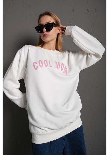 Modagen Kadın Beyaz Cool Mom Baskılı Bisiklet Yaka Oversize Sweatshirt Beyaz