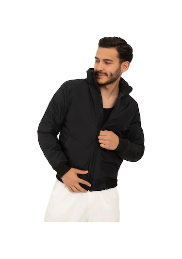 Riverstorm Erkek Siyah İçi Astarlı Dik Yaka Mevsimlik Cepli Su Ve Rüzgar Geçirmez Yağmurluk Siyah