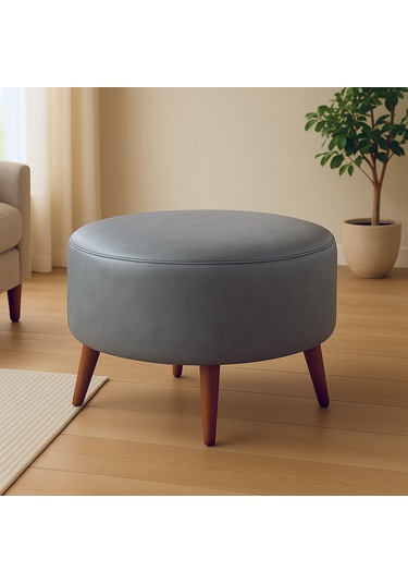 Large Büyük Yuvarlak Modern Puf - 60 Cm - Deri Kumaş - Gri