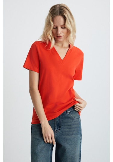 GRIMELANGE Alıne Kadın %100 Organik Pamuk Derin V Yakalı Comfort Fit Kırmızı T-shirt Kırmızı
