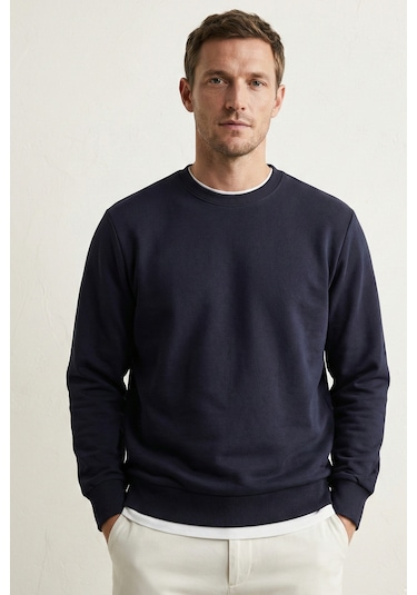 Elemge Pamuklu Erkek Sweatshirt Lacivert Soft Touch Relax Fit Basic Bisiklet Yaka 3 Iplik Nefes Alan