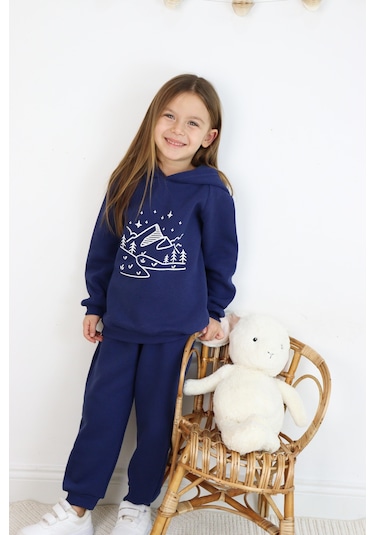 3 İp Baskılı Kapüşonlu Şardonlu İkili Takım Lacivert