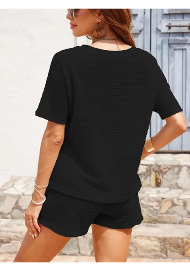 Munn Collection Kadın Kısa Kollu Bisiklet Yaka Alt Ve Üst Waffle Ikili Takım Siyah